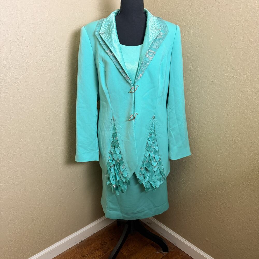 ML Studio Teal Skirt Suit Set Size 14 Embellished Jacket & Skirt